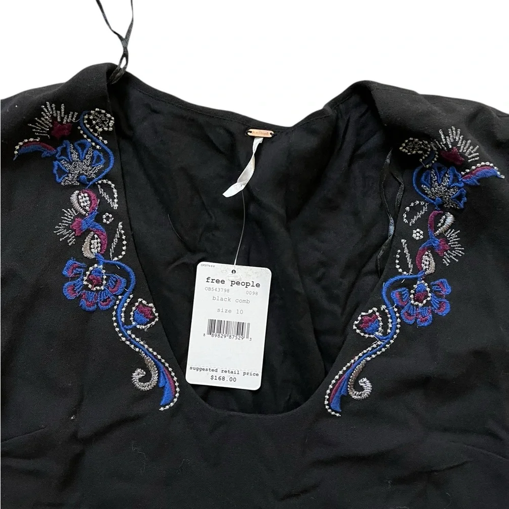 Free People Holiday Folk Dress Women's 10 Embroidered Bell Sleeve Black Boho NWT